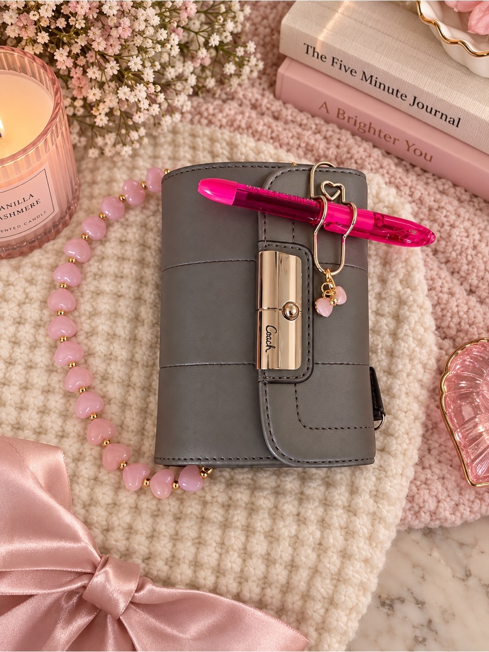 Coach Gray Leather Wallet with Pink Beaded Strap and Gold Hardware